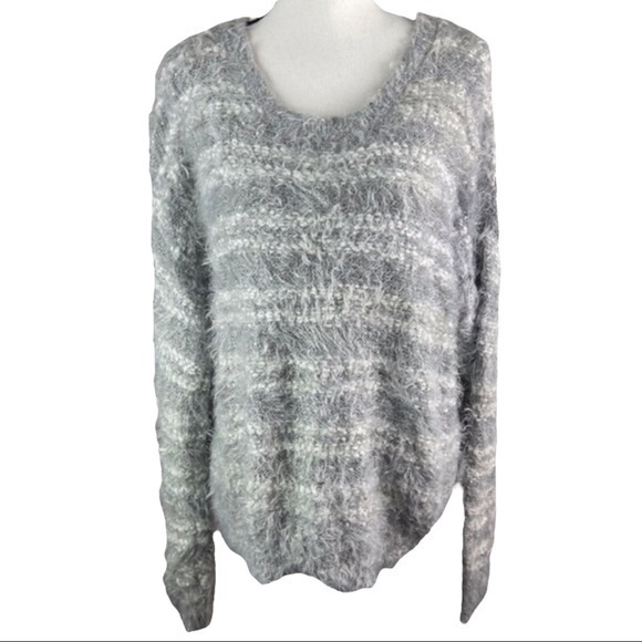Apt 9 Sweater Gray White Striped Sequin Warm Soft Fuzzy Scoop Neck Knit Top - Picture 1 of 9